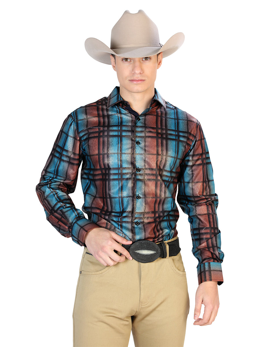 Camisa Casual L/ Manga El Señor De Los Cielos Wh7-145 100% Poliéster Naranja/Azul 43780