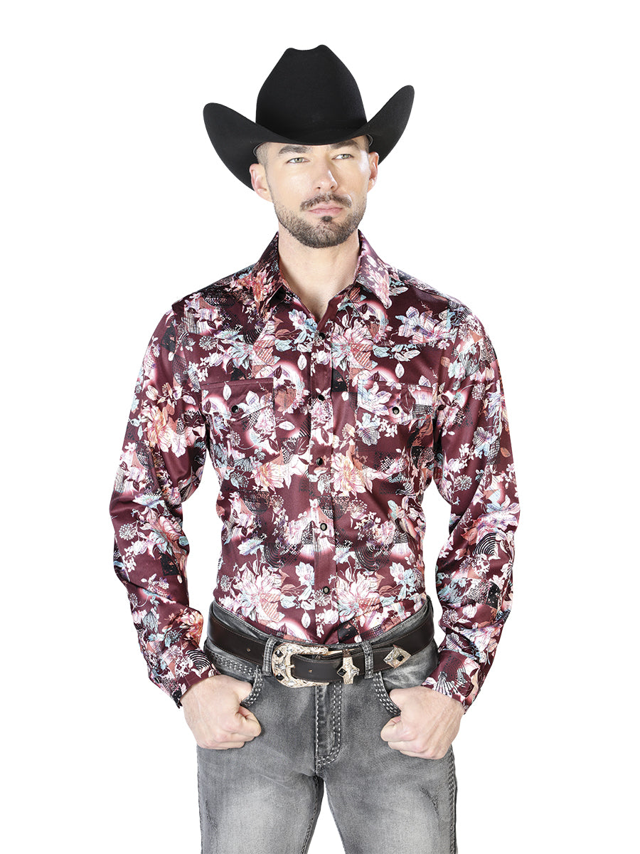 Vino y Beige Flor Estampado Casual Manga Larga Camisa 43936