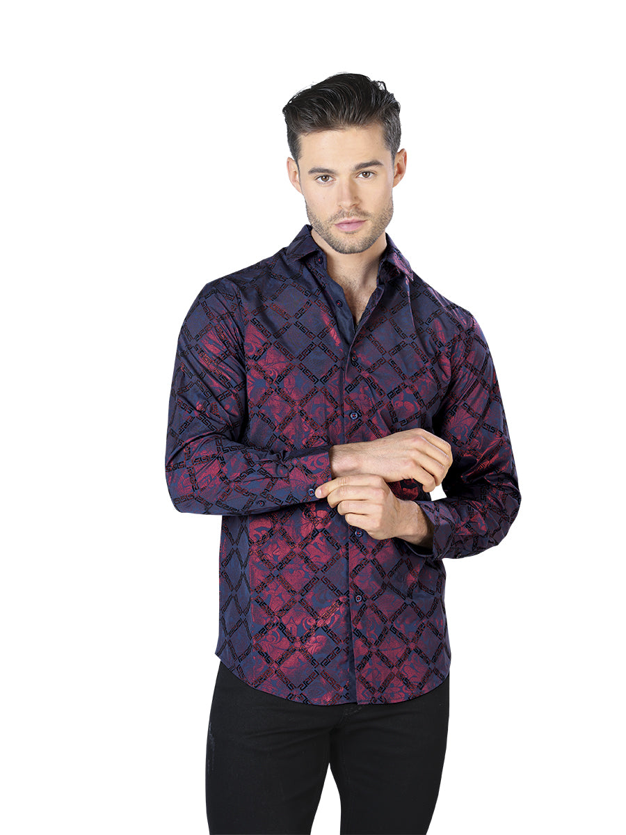 Camisa Casual Manga L El Señor De Los Cielos Wh10-054 97% Poliester 3% Elastano Vino/Negro 44056
