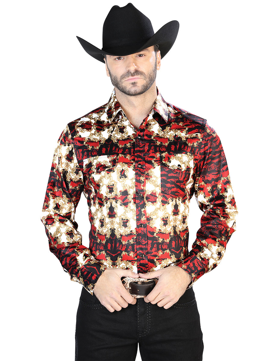 Borgoña y Dorado Casual Manga Larga Camisa 44103
