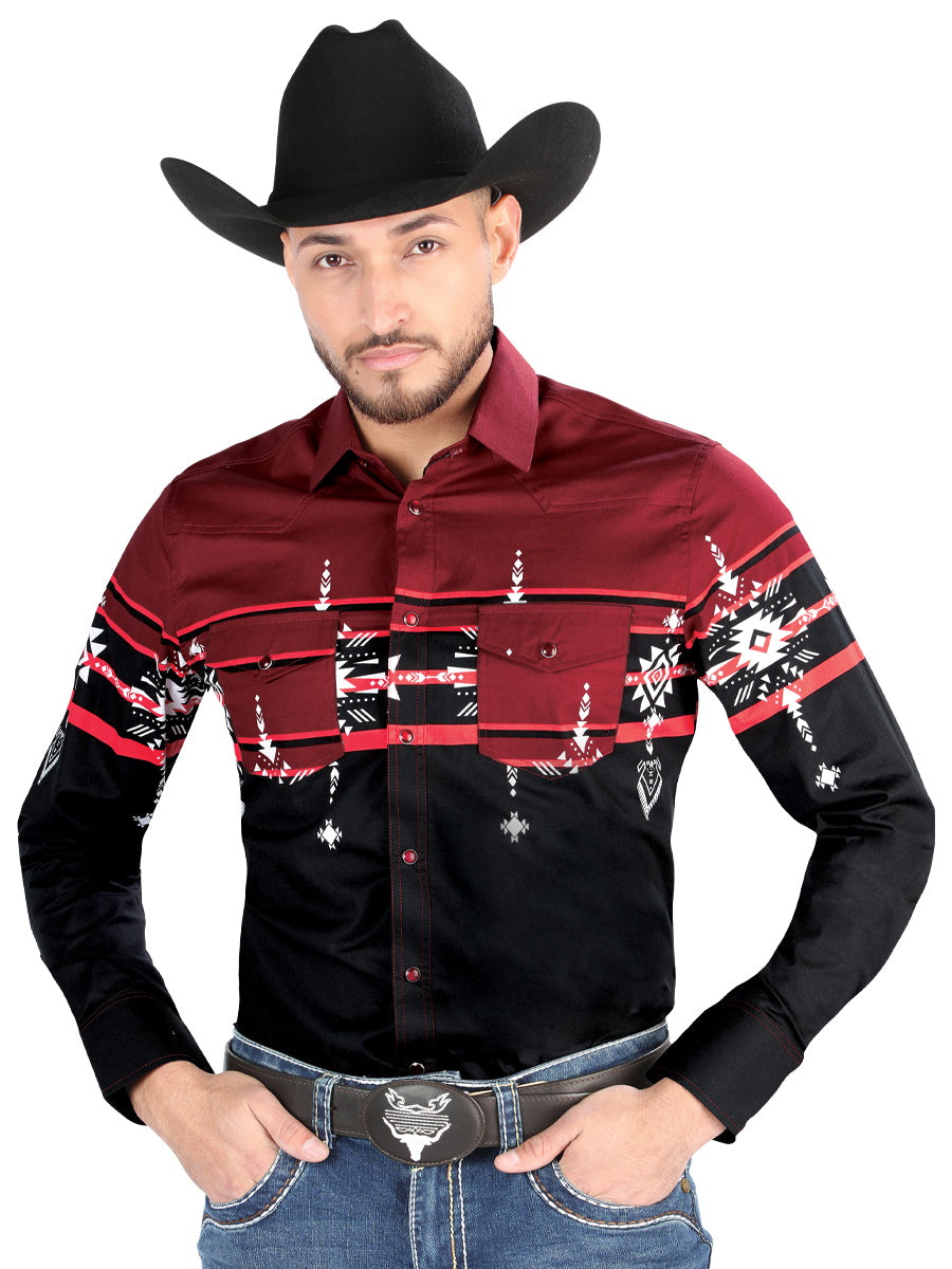 el General - Casual Manga Larga Camisa - Negro/borgoña 44454