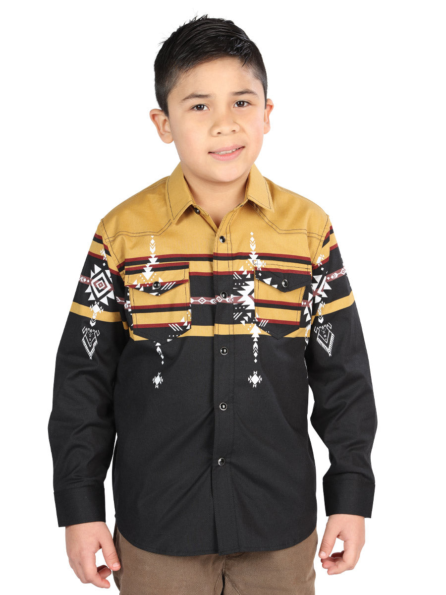 Casual Long - Sleeve Camisa del General Negro/mustard 44468