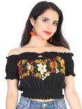Artesanal Bordado Blusa 100% Algodón Negro 601984