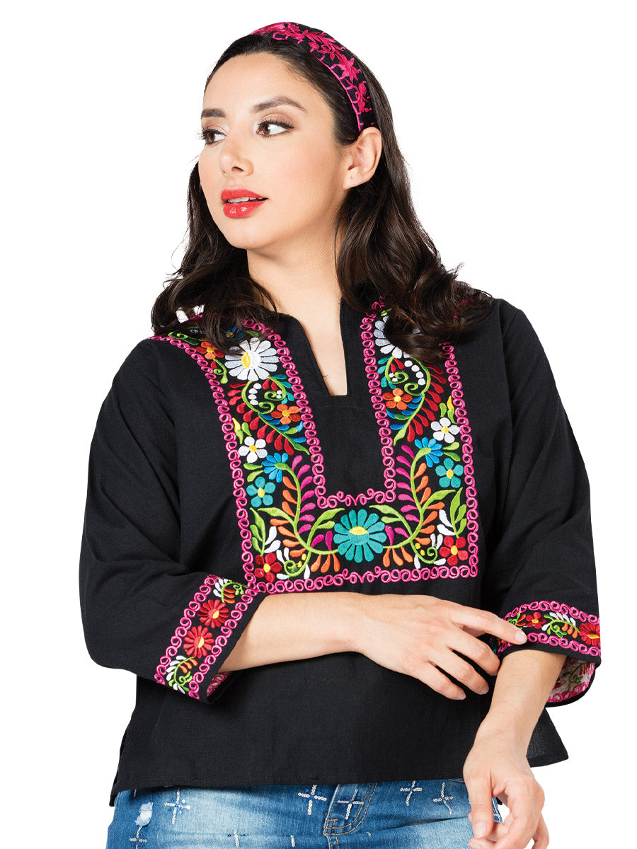 Artesanal Bordado Blusa 100% Algodón Negro 603059