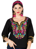 Artesanal Bordado Blusa 100% Algodón Negro 603179