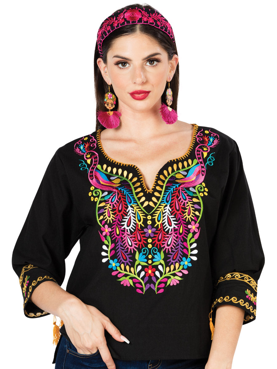 Artesanal Bordado Blusa 100% Algodón Negro 603179