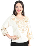 Artesanal Bordado Blusa 100% Algodón Beige 603963