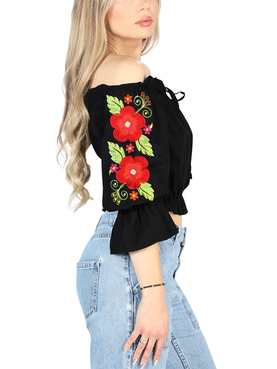 Artesanal Bordado Blusa 100% Algodón Negro 604050
