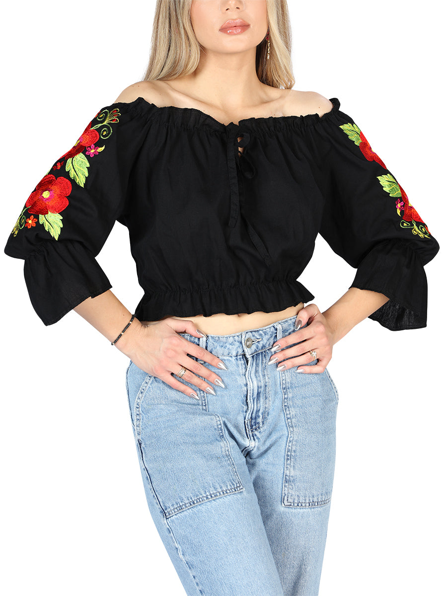 Artesanal Bordado Blusa 100% Algodón Negro 604050