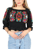 Artesanal Bordado Blusa 100% Algodón Negro 604051