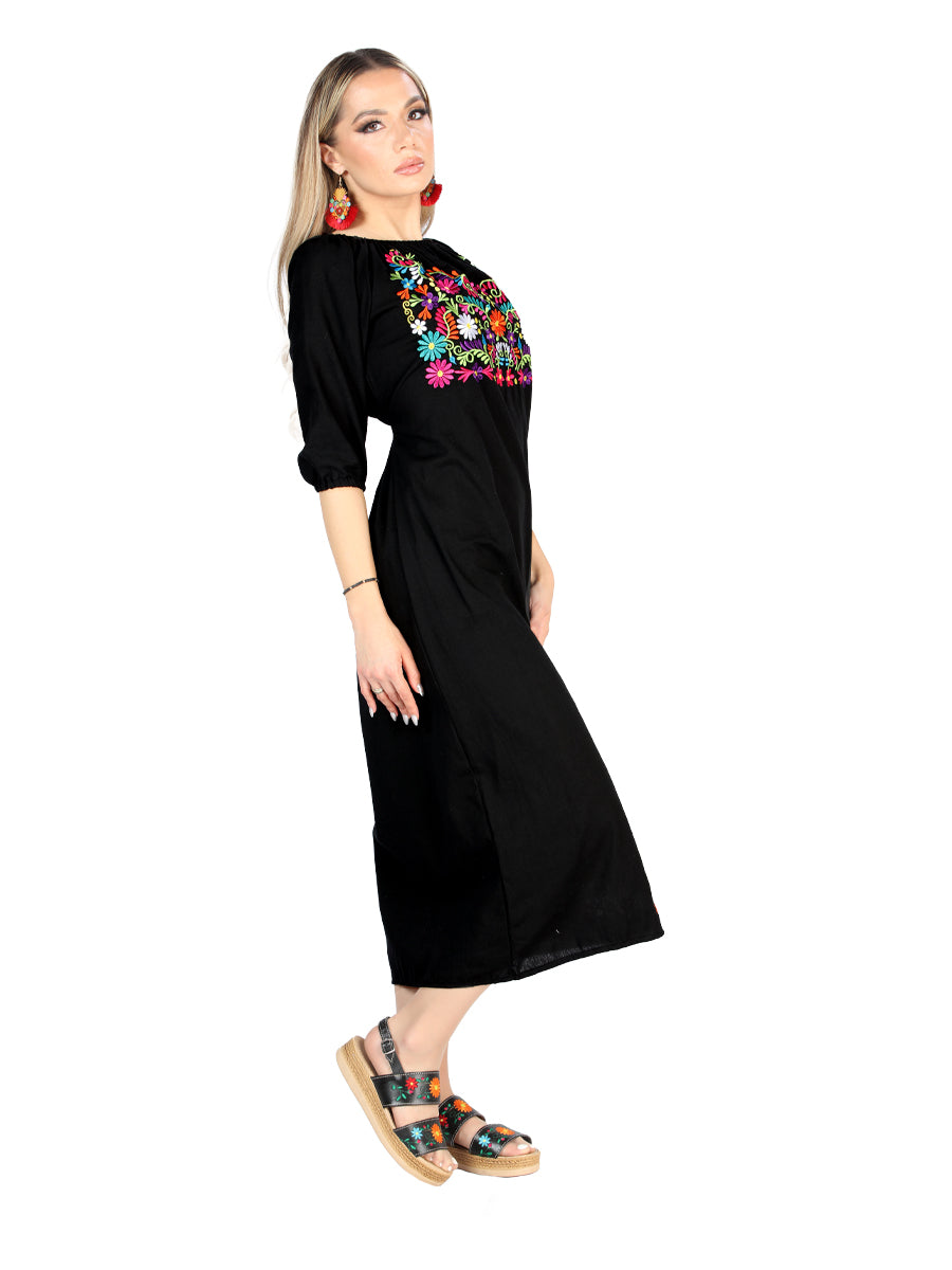 Artesanal Bordado Vestido 100% Algodón Negro 604054