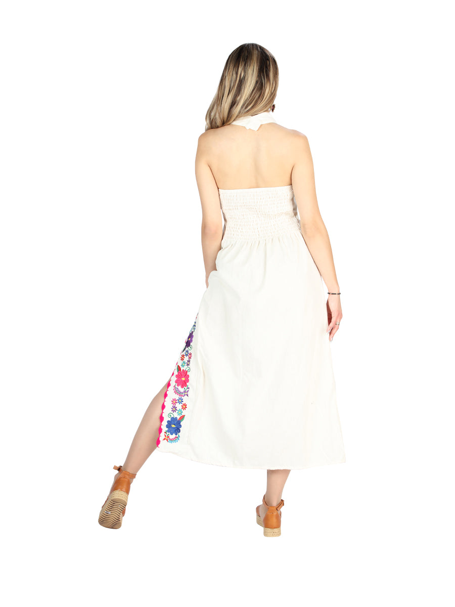 Artesanal Bordado Vestido 100% Algodón Beige 604055