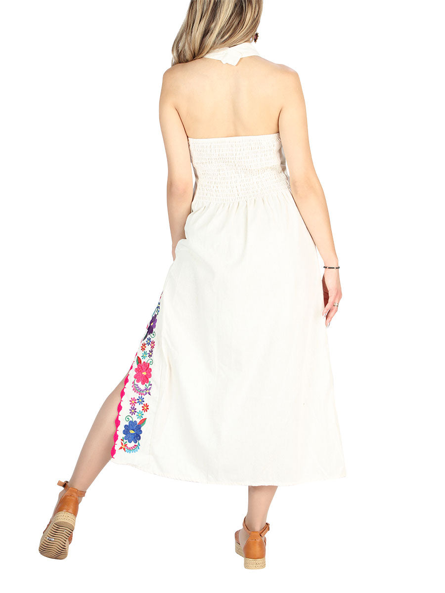 Artesanal Bordado Vestido 100% Algodón Beige 604055
