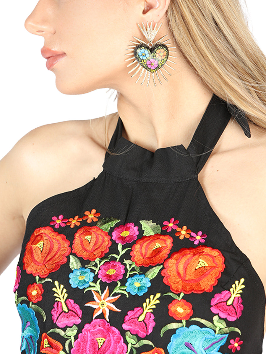 Artesanal Bordado Vestido 100% Algodón Negro 604056